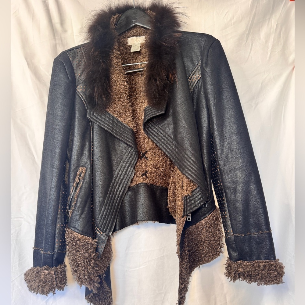 Black and Brown Leather Jacket with Fur Trim